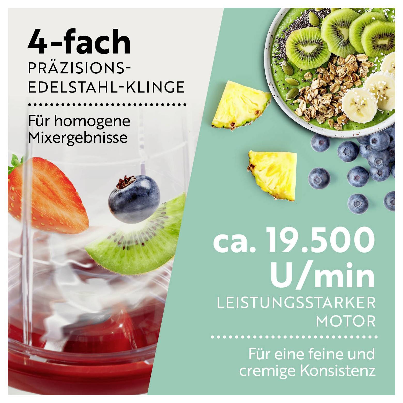 Ein Mixer mit Obst, der eine „vierfach präzisions-Edelstahlklinge" und einen „ca. 19.500 U/min starken Motor" für glatte Mischungen hervorhebt.