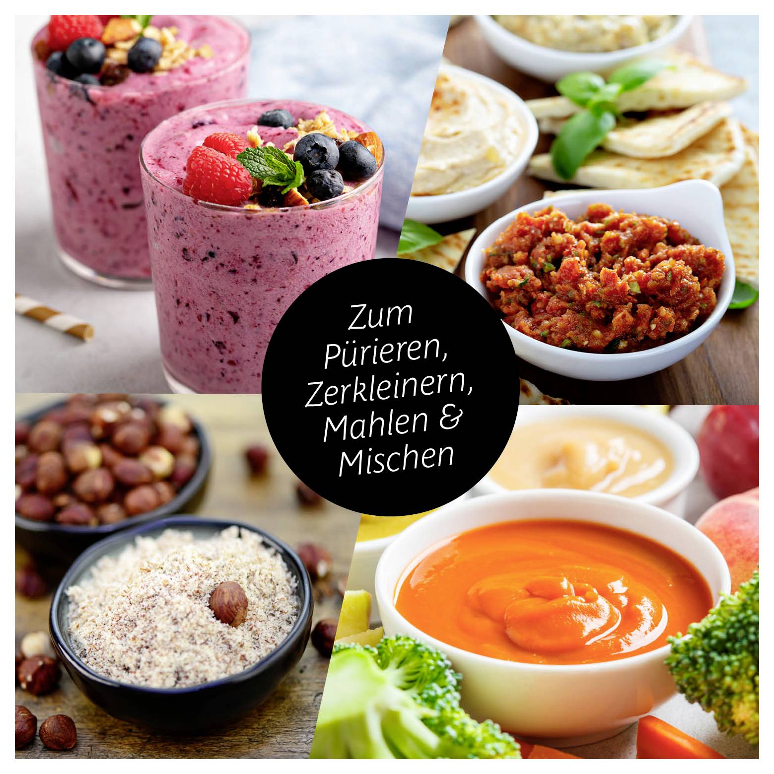 „Zum Pürieren, Zerkleinern, Mahlen & Mischen" – Text überlagert Bilder von Smoothies, Dips, gemahlenen Nüssen und pürierten Gemüsen, die die Verwendungsmöglichkeiten eines Mixers veranschaulichen.