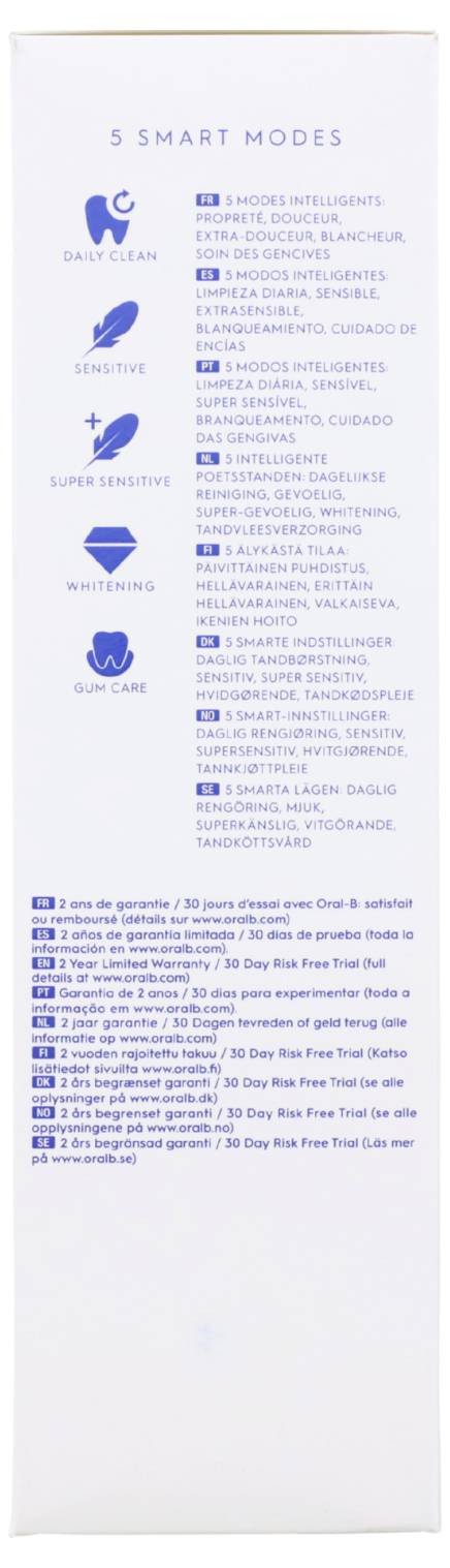 Das Bild zeigt eine Liste von 5 intelligenten Modi für ein Mundpflegeprodukt: "Tägliche Reinigung", "Empfindlich", "Sehr empfindlich", "Aufhellung" und "Zahnfleischpflege".