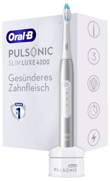 Elektrische Zahnbürste "Oral-B Pulsonic Slim Luxe 4000", silberfarben mit Ladegerät, vor original verpackter Verpackung. Text auf Deutsch: "Gesünderes Zahnfleisch".