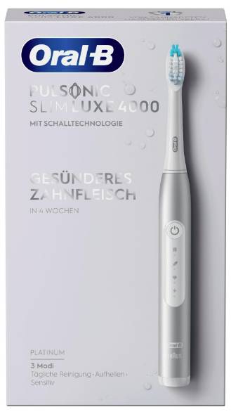 „Oral-B Pulsonic Slim Luxe 4000" Verpackung der elektrischen Zahnbürste. Verfügt über eine elegante, silberfarbene Zahnbürste mit austauschbarem Kopf und Reinigungsmodi.