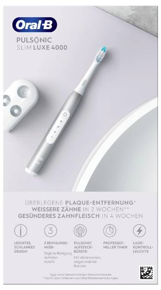 Elektrische Zahnbürste 'Oral-B Pulsonic Slim Luxe 4000' auf einer Badezimmerablage, mit den Vorteilen der Zahnsteinentfernung, Zahnaufhellung und Zahnfleischgesundheit.