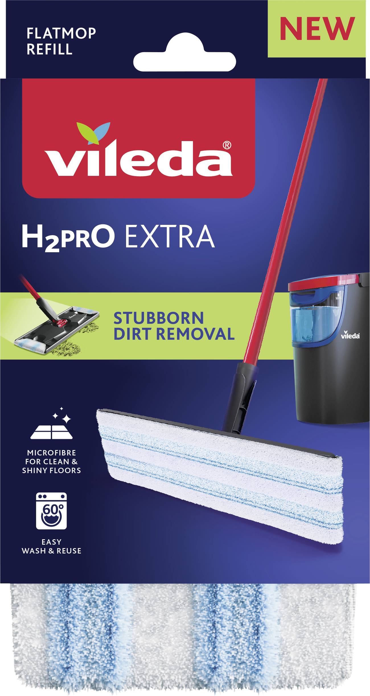 „Vileda H2Pro Extra" Flachmopp-Nachfüllpackung mit Mopkopf, der "Hartnäckige Verschmutzungen entfernen", "Mikrofaser" und "Einfaches Waschen und Wiederverwenden" hervorhebt.
