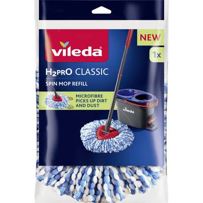 Paket der 'Vileda H2Pro Classic Spin Mop Refill' mit einem Bild des Mopkopfes und des Eimers. Der Text hebt die Mikrofaser-Reinigung hervor.