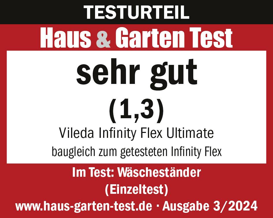 Testurteil von Haus & Garten Test: sehr gut (1,3) für Vileda Infinity Flex Ultimate, baugleich zum getesteten Infinity Flex; im Test: Wäscheständer (Einzeltest), Ausgabe 3/2024.