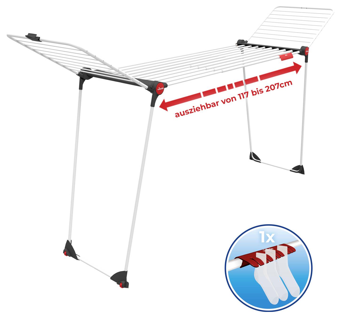 Ausziehbarer Wäschetrockner mit Flügeln, von 117 bis 207 cm verlängerbar; unten Symbol mit '1x'.
