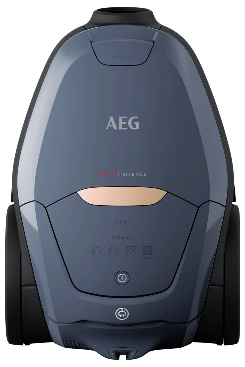 AEG-Staubsauger in Dunkelblau mit dem Label „Ultra Silence". Kompaktes Design mit Rädern, Griff und sichtbaren Bedienungssymbolen.