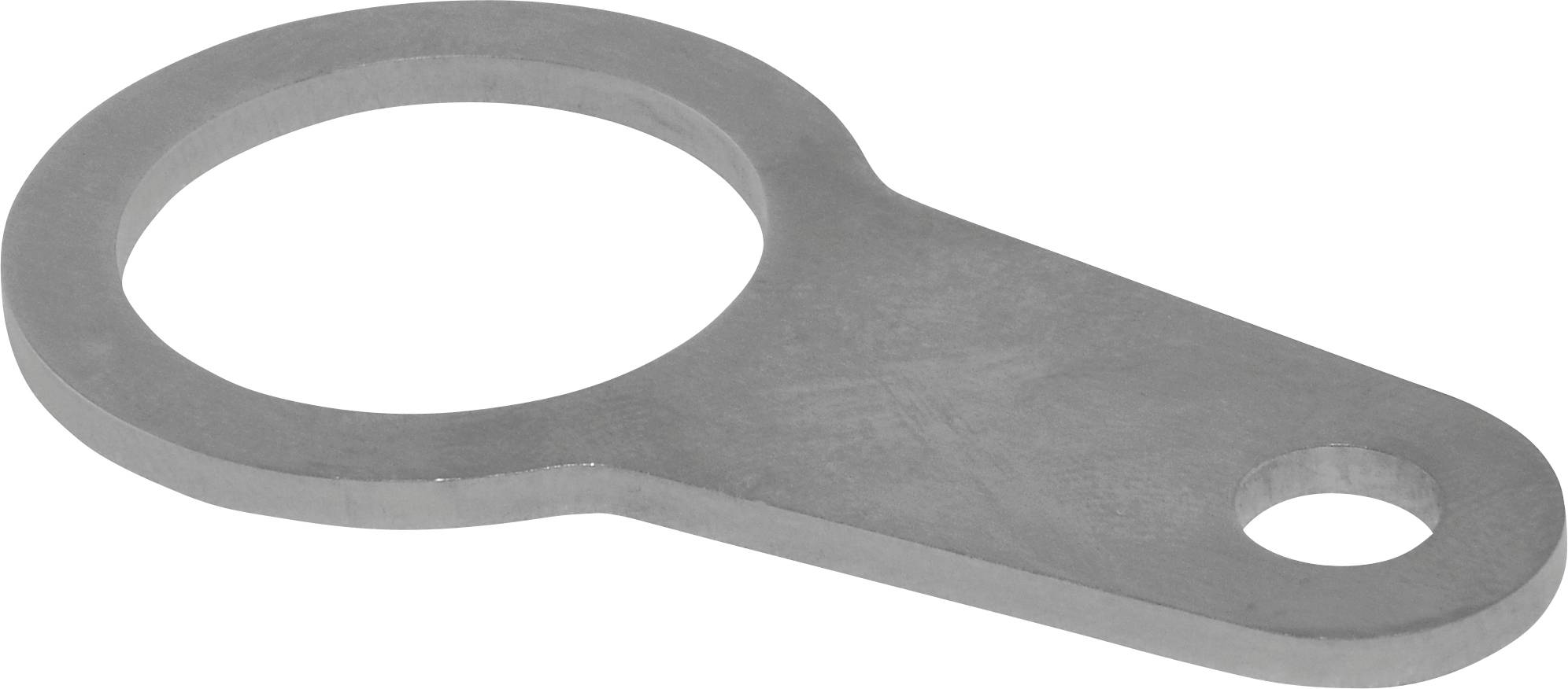 Ein Metallhalter mit einer kreisförmigen Öffnung und einer verlängerten Lasche, mit einem kleineren Loch am gegenüberliegenden Ende, konzipiert zum Montieren oder Befestigen von Objekten.