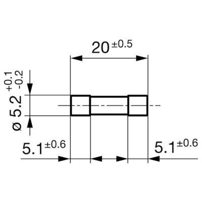 Technische Zeichnung eines zylindrischen Teils mit folgenden Abmessungen: Länge 20±0,5 mm, Durchmesser 5,2±0,1/-0,2 mm. Seitenlängen sind 5,1±0,6 mm.