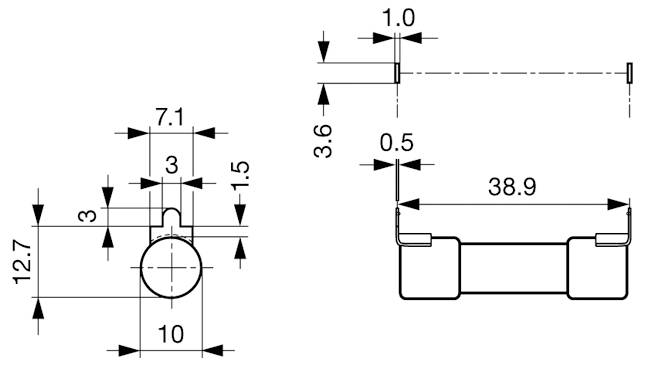 Technisches Diagramm eines zylindrischen Objekts mit detaillierten Abmessungen in Millimetern: 38,9 Breite, 12,7 Höhe und zusätzliche Seitendimensionen.