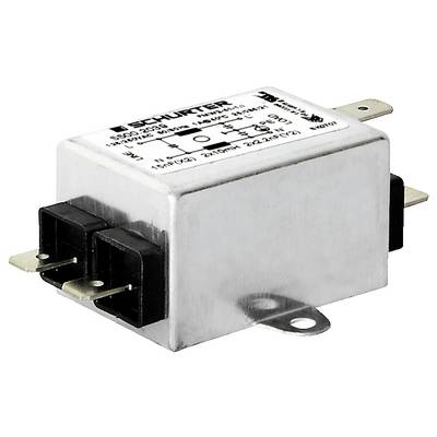 Metallische kastensförmige elektrische Komponente mit zwei schwarzen Steckdosen und Metallstiften, gekennzeichnet mit Spezifikationen und Markenname.