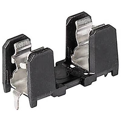Ein schwarzer und silberner Batteriehalter für zwei Knopfzellenbatterien mit Metallkontakten für die elektrische Verbindung.