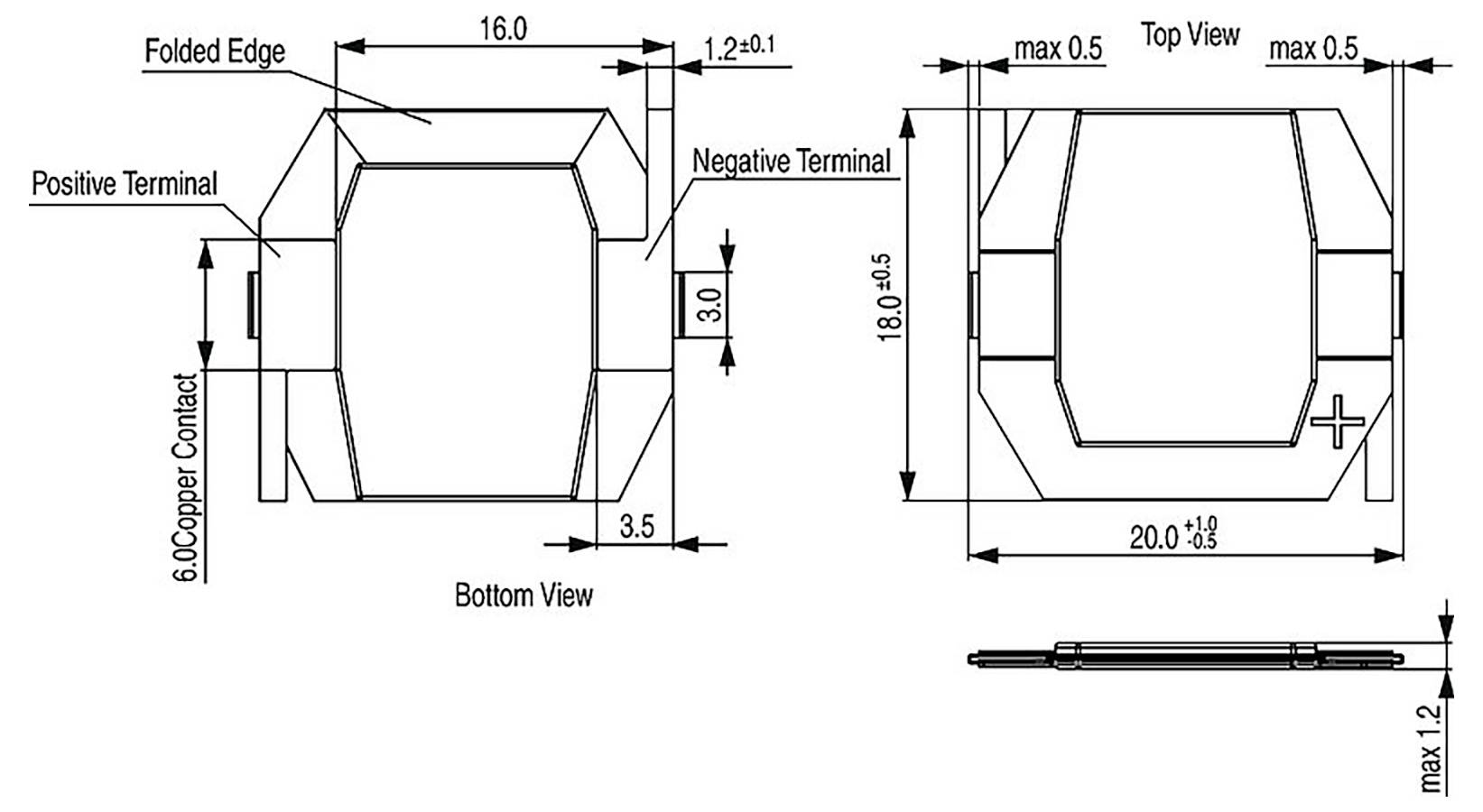 Technische Zeichnung einer elektronischen Komponente. Ansicht von unten Abmessungen: 16,0 x 3,0 x 6,0 mm. Ansicht von oben Abmessungen: 20,0 x 18,0 x 1,2 mm.