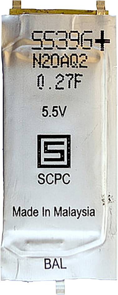 Ein Kondensator, mit Silberfolie umwickelt, mit den Aufschriften '55396+' und 'N20A02', mit '0.27F' und '5.5V'. Trägt das Logo 'SCPC' und 'Made in Malaysia'.