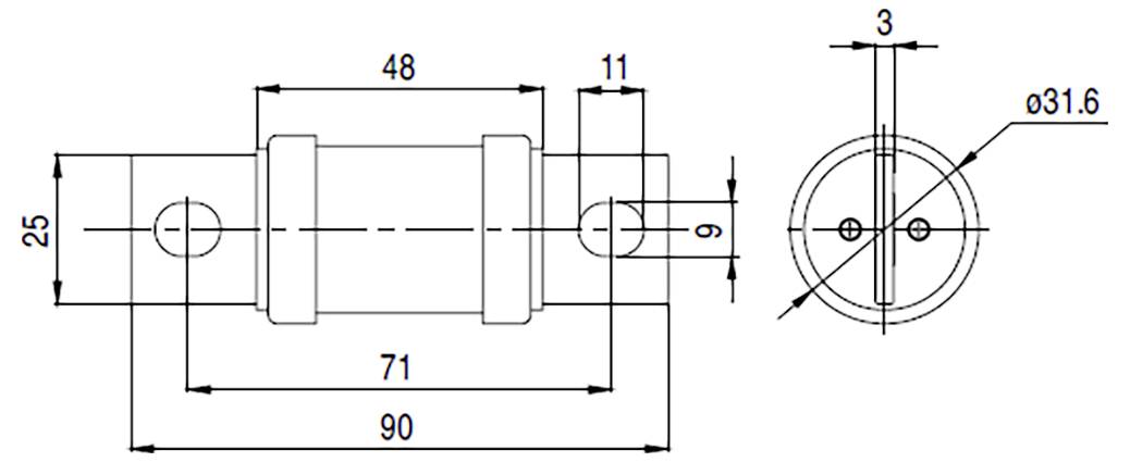 Technische Zeichnung einer zylindrischen Komponente mit Abmessungen: 90 mm Länge, 31,6 mm Durchmesser und weitere gekennzeichnete Maße.
