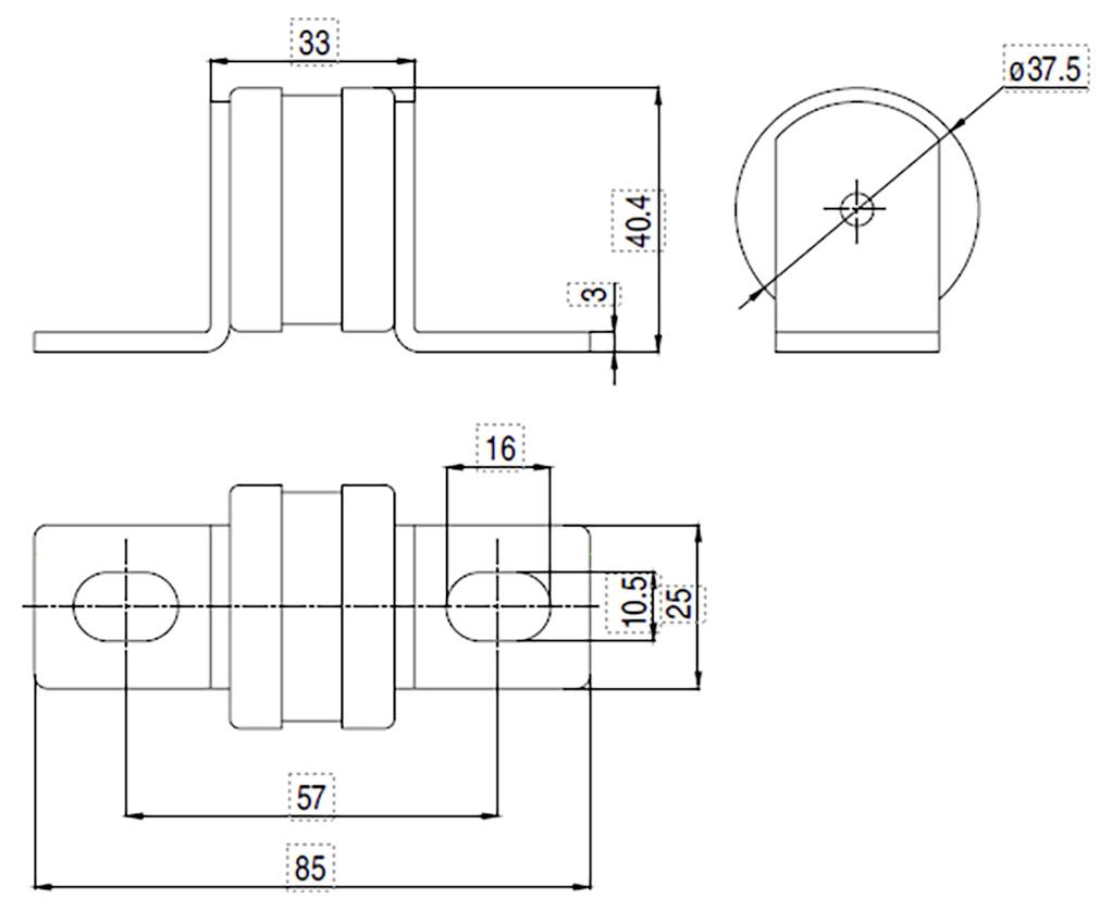 Technische Zeichnung einer Metallhalterung mit Abmessungen: Die Vorderansicht zeigt eine Höhe von 40,4mm, die Draufsicht zeigt eine Breite von 33mm, die Seitenansicht enthält einen Lochdurchmesser von 37,5mm.