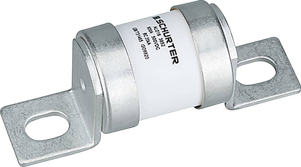 Ein zylindrisches elektronisches Sicherungselement mit Metallklemmen an jedem Ende, gekennzeichnet mit „SCHURTER", entwickelt für den Schutz von Stromkreisen, gezeigt in einer Seitenansicht.
