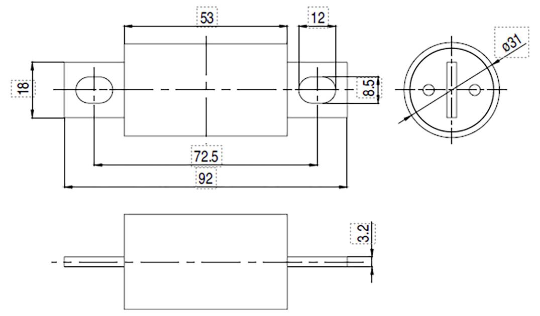 Technische Zeichnung einer zylindrischen Komponente mit Abmessungen: 92x72,5x18 mm, Bohrungsdurchmesser 31 mm und weitere gekennzeichnete Maße.