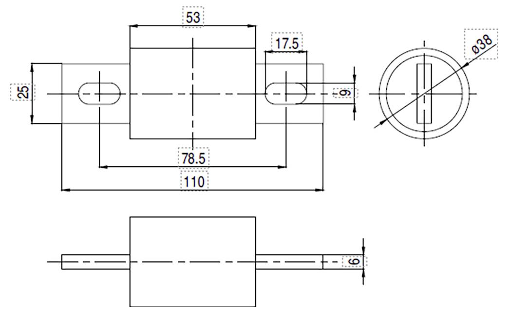 Technische Zeichnung einer mechanischen Komponente, die einen rechteckigen Block mit Abmessungen von 110 mm Breite, 25 mm Höhe und verschiedenen Bohrungen und Erweiterungen zeigt, einschließlich eines kreisförmigen Endes mit einem Durchmesser von 38 mm.