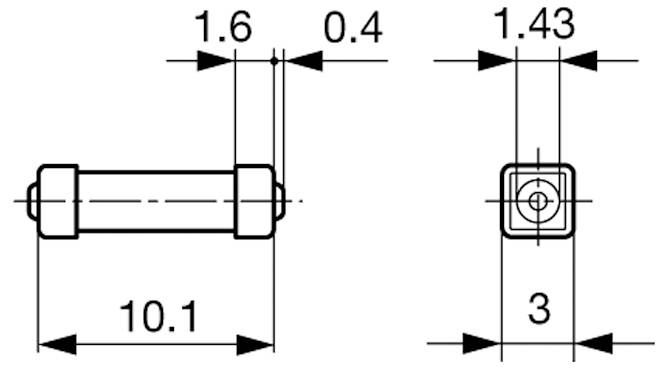 Technische Zeichnung einer zylindrischen Komponente mit Hauptmaßen: Länge 10,1, Breite 1,6, Vorderansicht Quadratbreite 3, Ausformung 0,4 und 1,43.