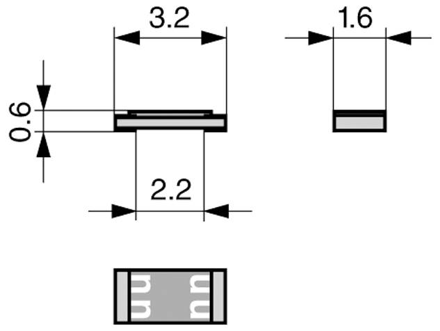 Technisches Diagramm eines rechteckigen elektronischen Bauteils. Drei Ansichten: Draufsicht Abmessungen 3,2x1,6mm, Seitenansicht 0,6mm dick, Unteransicht mit zwei metallischen Kontakten.