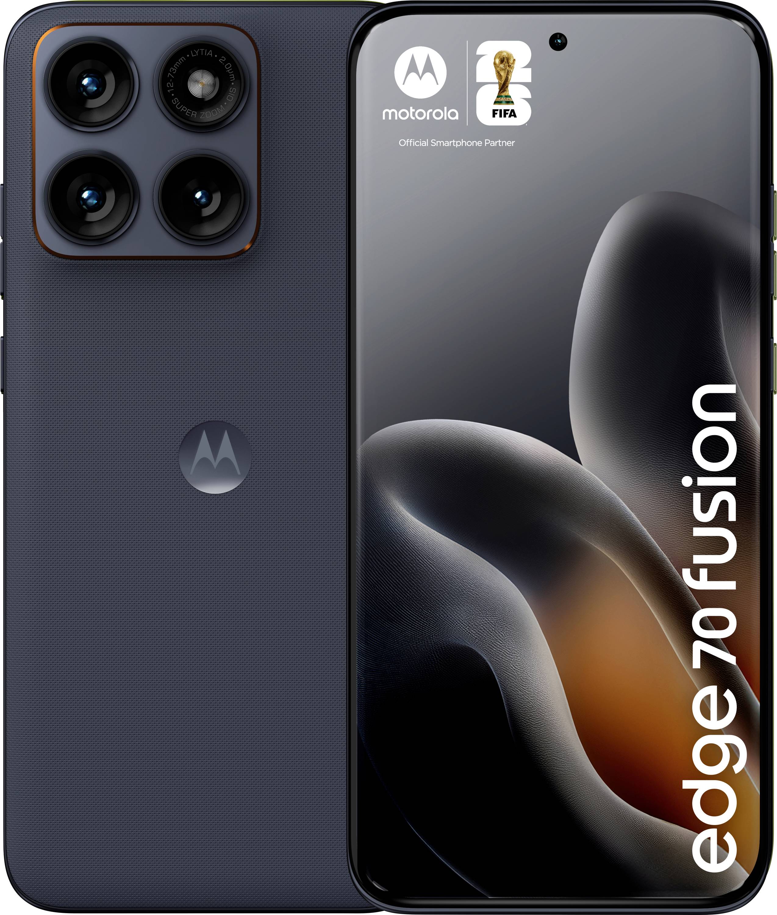 Ein Motorola Edge 70 Fusion Smartphone mit Frontdisplay mit FIFA-Branding und hinterer Quad-Kamera-Anordnung.