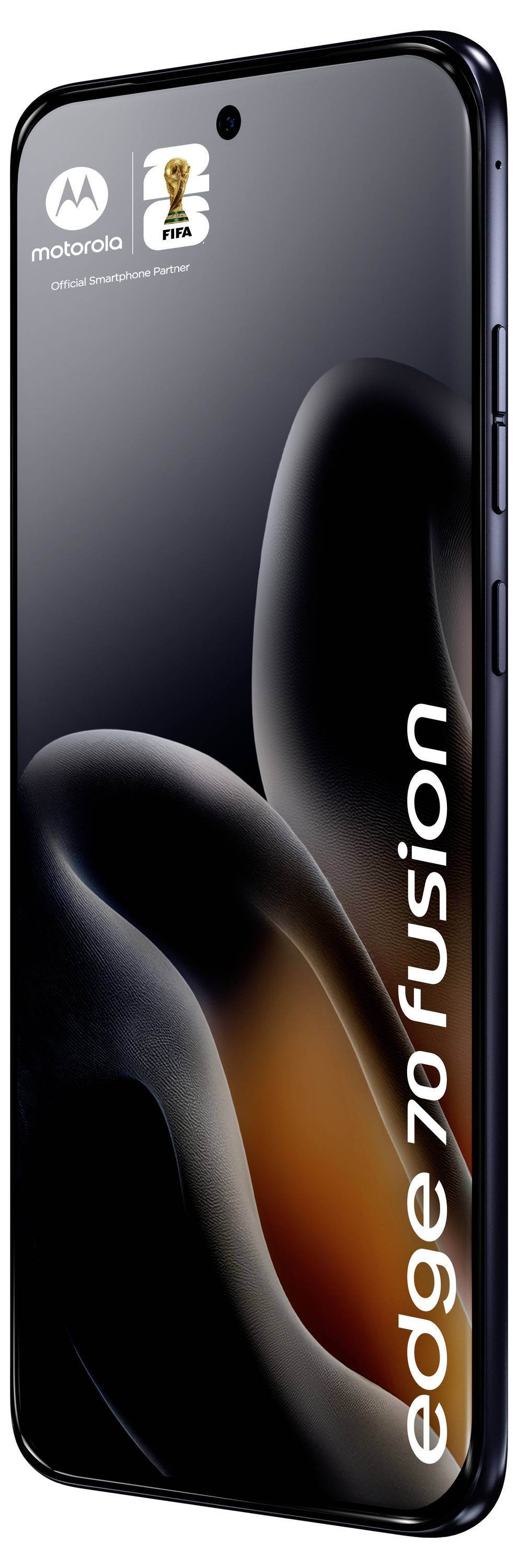 Ein Smartphone zeigt den Text "edge 70 fusion" auf seinem Bildschirm an, mit einem Logo in der oberen linken Ecke. Das Telefon hat ein elegantes Design.
