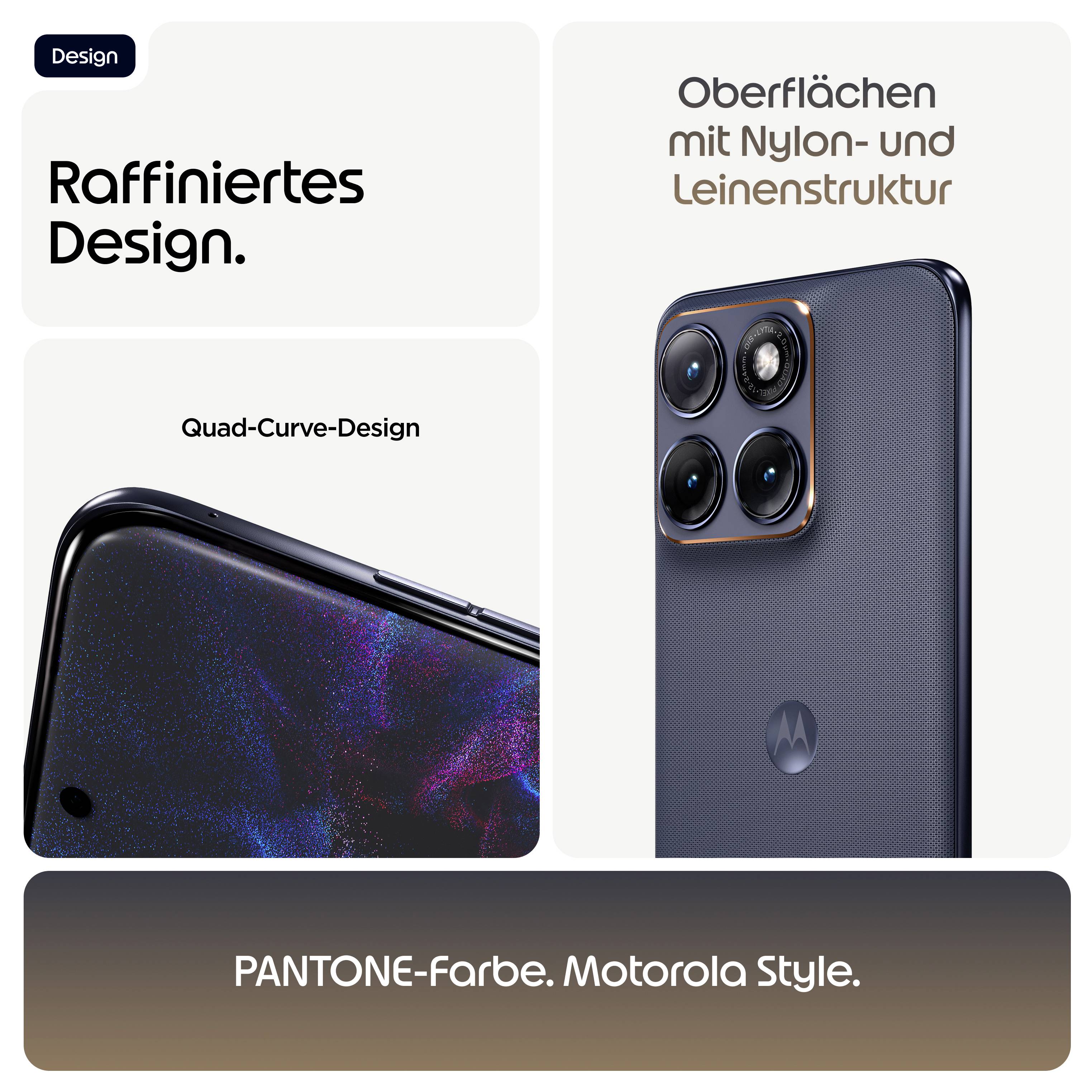 Raffiniertes Design. Quad-Curve-Design. Oberflächen mit Nylon- und Leinenstruktur. PANTONE-Farbe. Motorola Style.