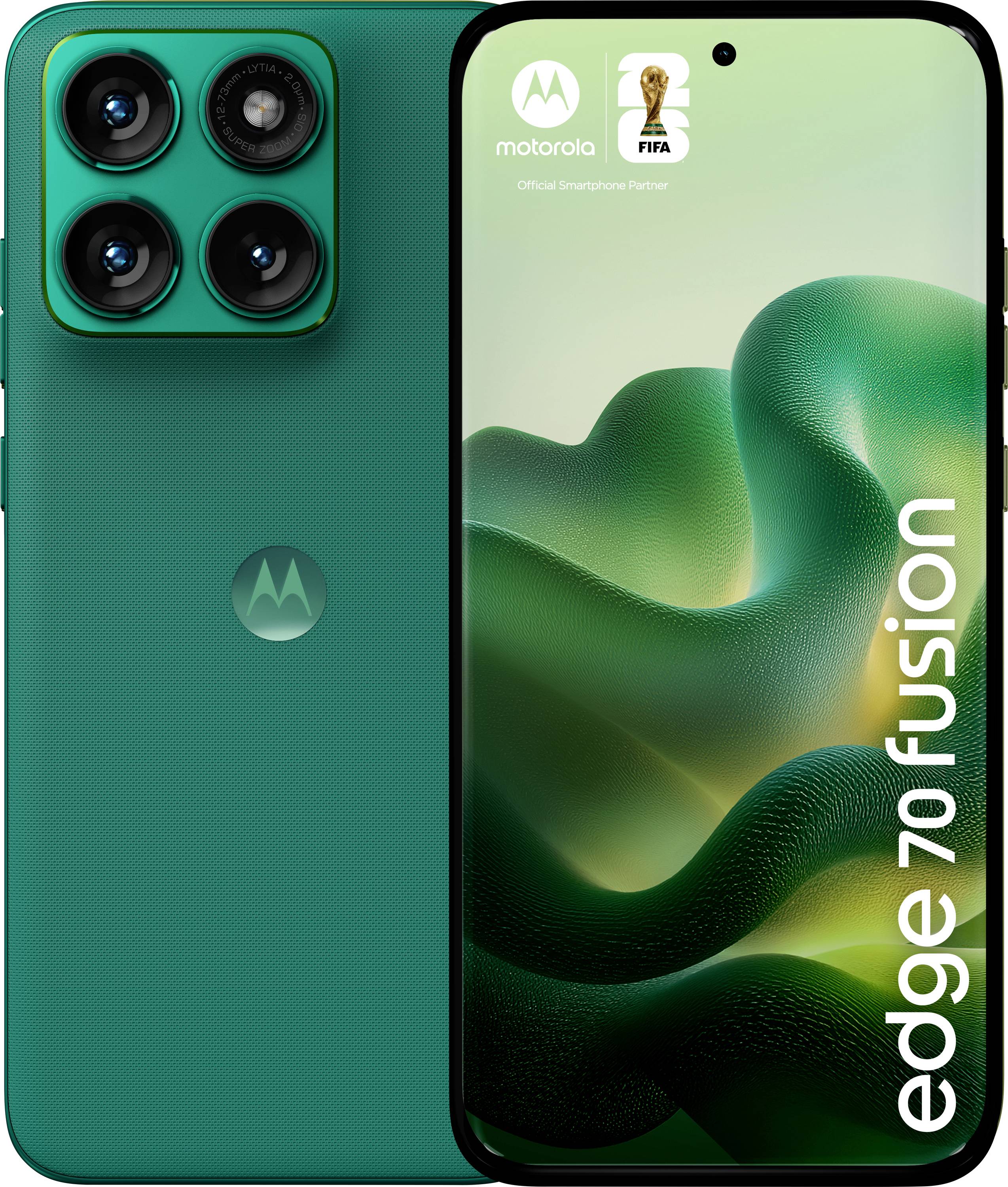 Vorder- und Rückansicht eines grünen Motorola Edge 70 Fusion Smartphones. Der Bildschirm zeigt abstrakte grüne Wellen und den Text "edge 70 fusion".