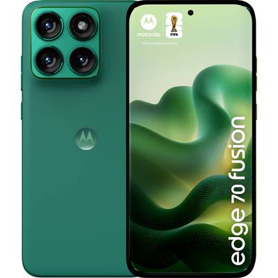 Vorder- und Rückansicht eines grünen Motorola Edge 70 Fusion Smartphones. Der Bildschirm zeigt abstrakte grüne Wellen und den Text "edge 70 fusion".