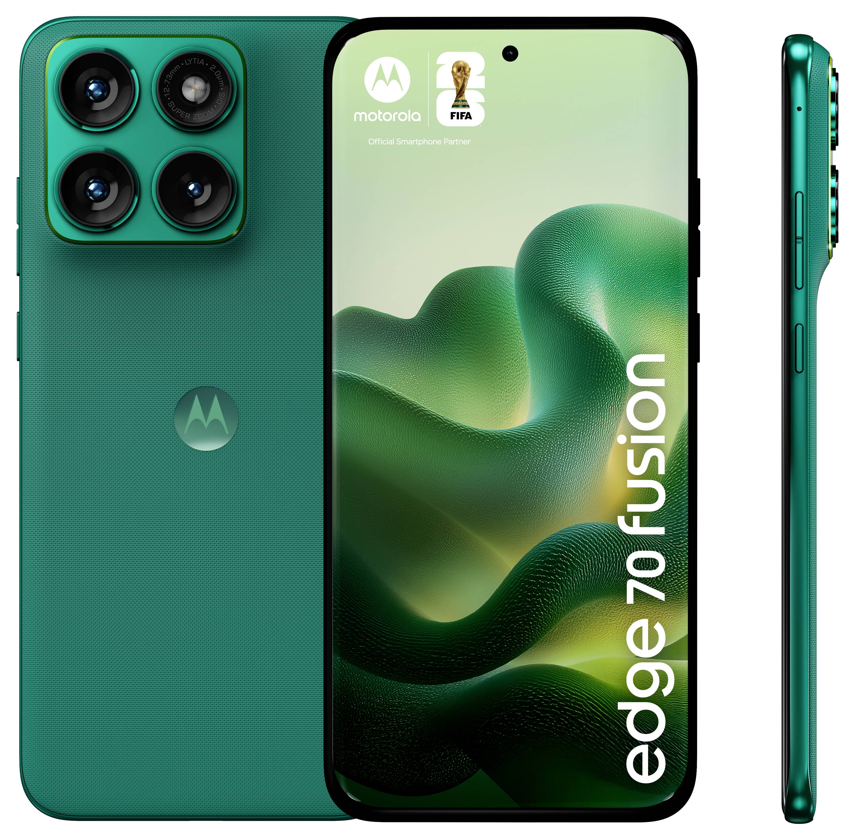 Vorder- und Seitenansicht eines grünen Motorola Edge 70 Fusion Telefons, das einen strukturierten Bildschirm mit "motorola" und "edge 70 fusion" Text zeigt.