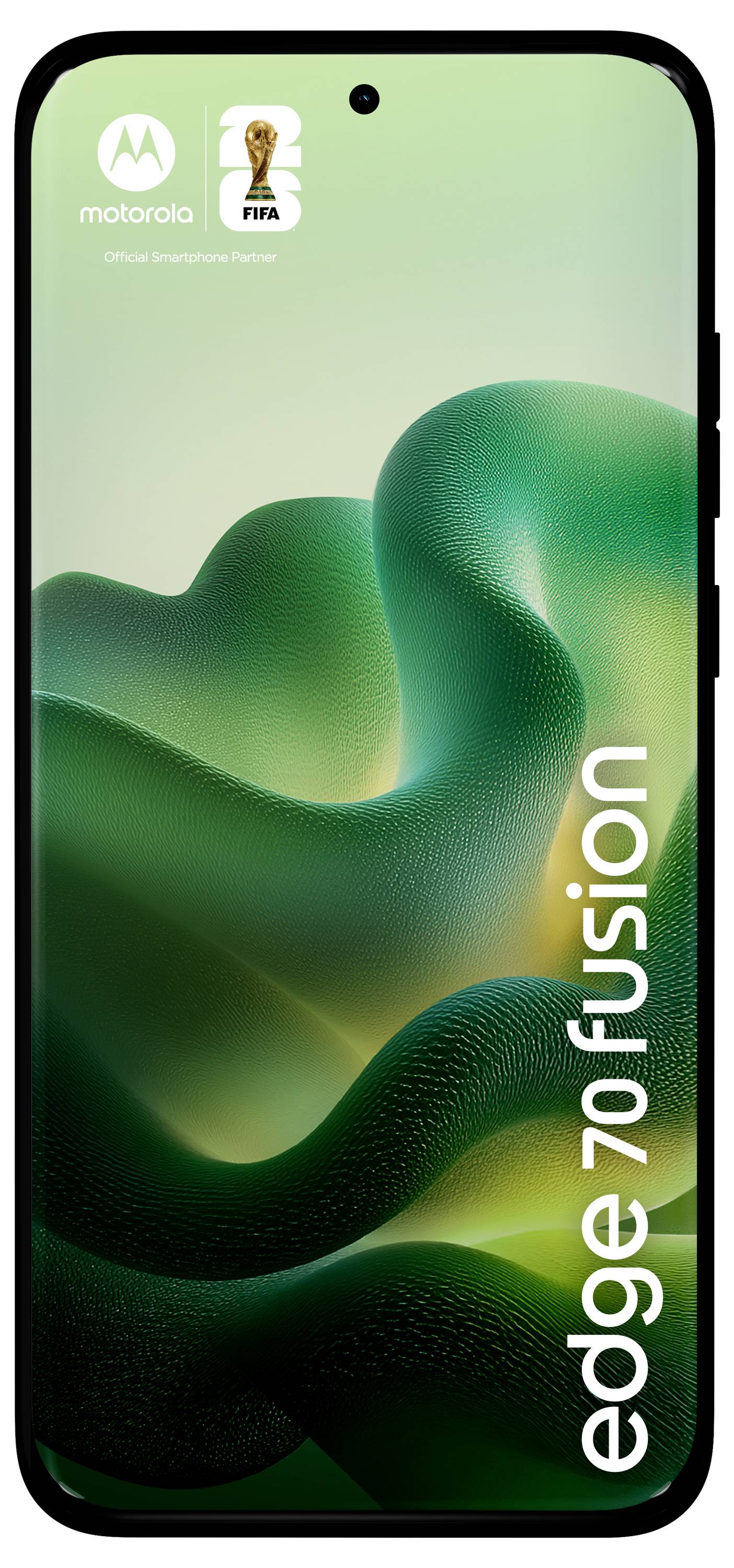 Ein Smartphone-Bildschirm zeigt ein grünes abstraktes Design mit dem Branding "edge 70 fusion" auf der rechten Seite und dem FIFA-Logo oben.