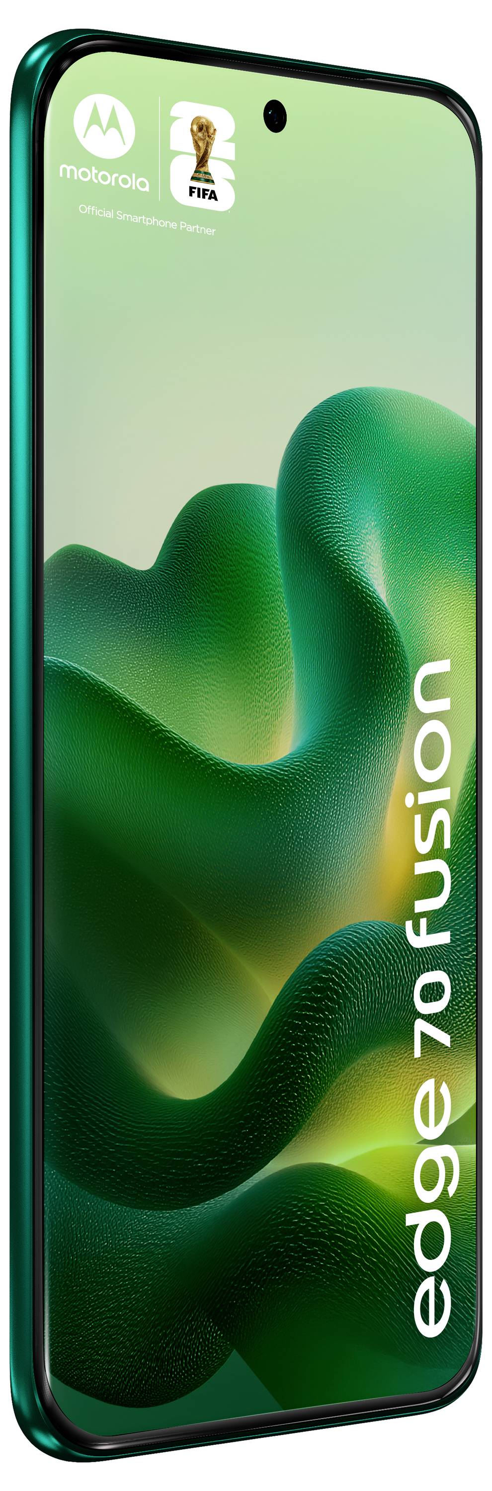 Ein Smartphone zeigt das Branding "edge 70 fusion" auf einem grünen künstlerischen Hintergrund. Das FIFA-Logo erscheint in der oberen linken Ecke.