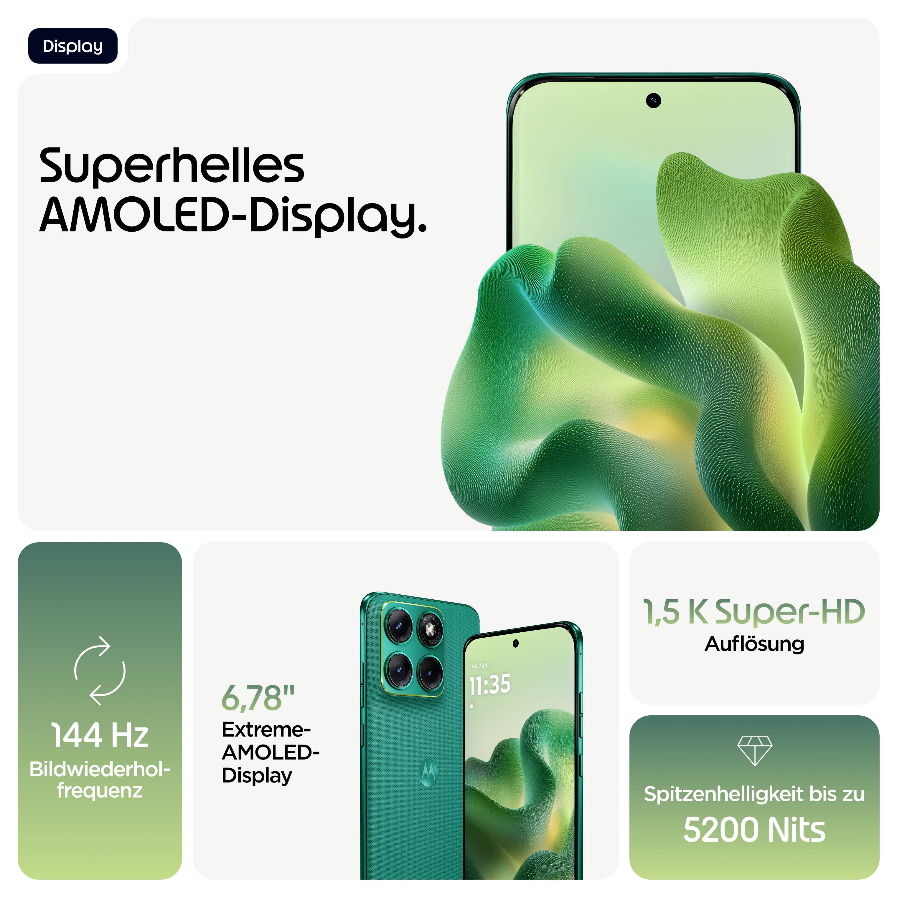 Ein Werbebild eines Smartphones, das ein "Superhelles AMOLED-Display" mit 144-Hz-Bildwiederholungsrate, 6,78" Größe und 5200 Nits Helligkeit präsentiert.