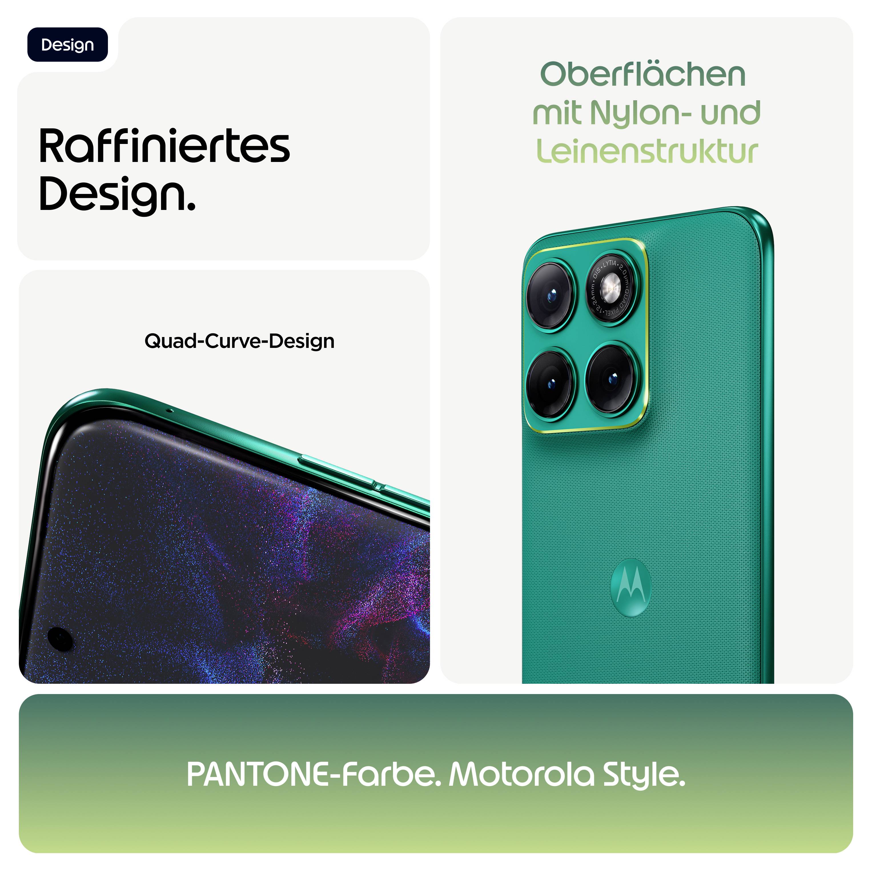 Smartphone mit Quad-Kamera und elegantem grünem Design, mit Nylon- und Leinentexturen. Betont raffiniertes Design und Pantone-Farbstil.