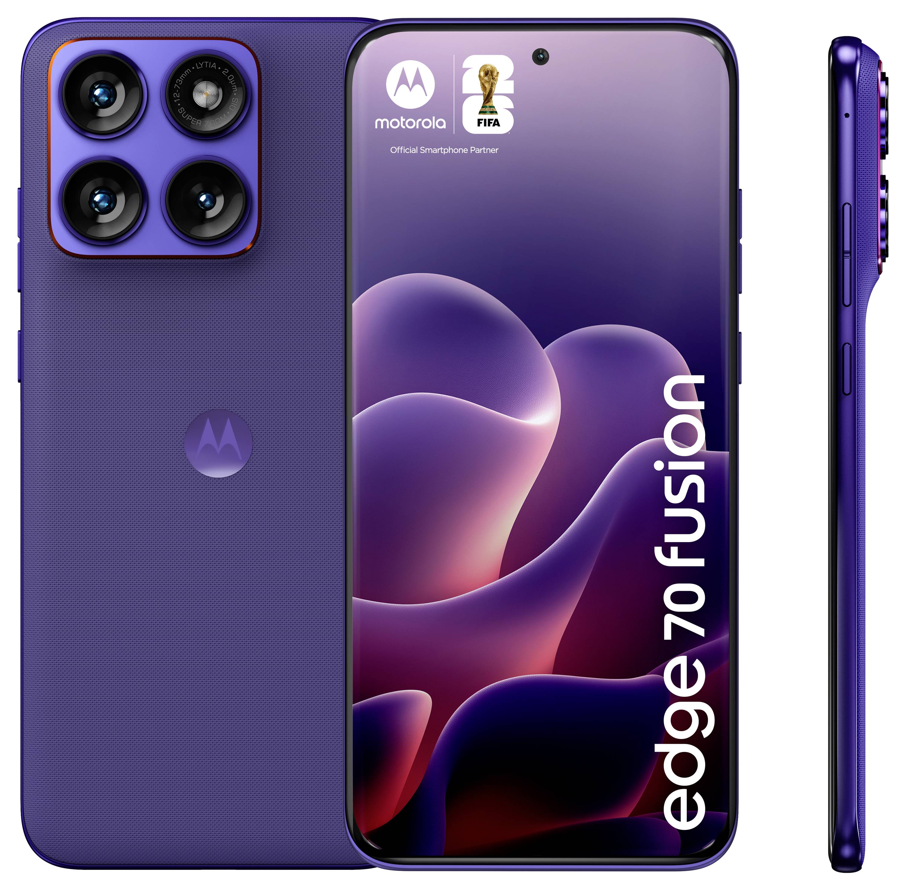 Vorder- und Rückansicht eines violetten Motorola Edge 70 Fusion Smartphones, das sein Quad-Kamera-Setup und sein elegantes Design präsentiert.