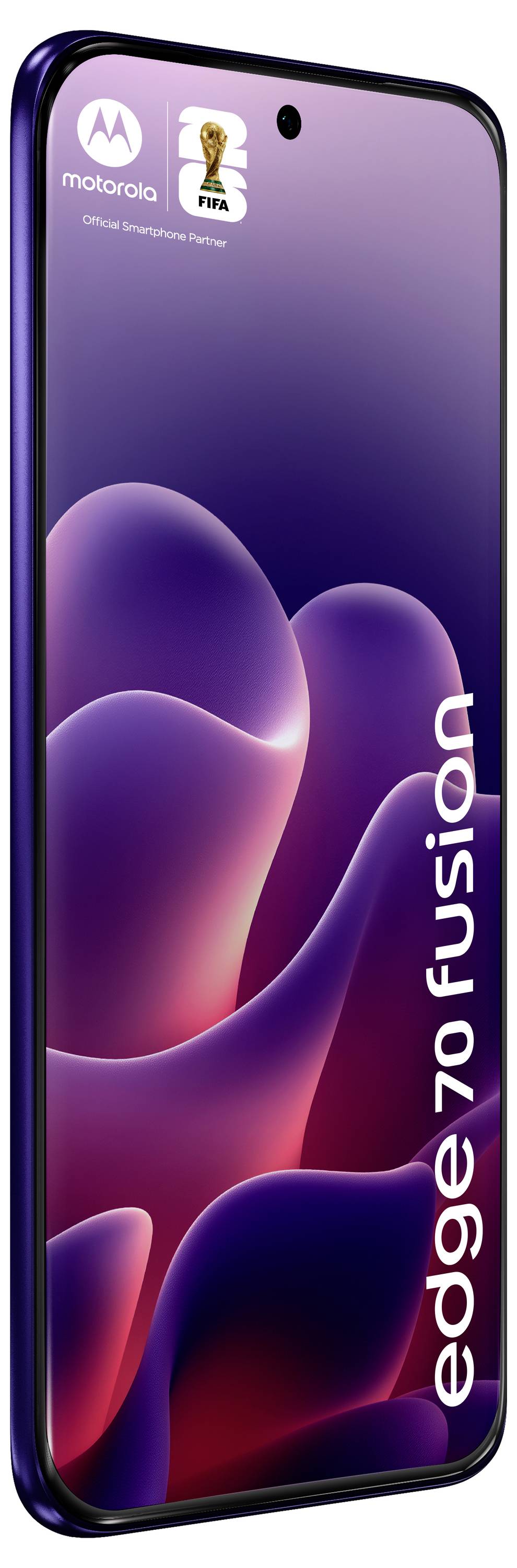 Ein Smartphone mit elegantem Design, das das Branding "edge 70 fusion" auf dem Bildschirm anzeigt. Logo und FIFA-Branding oben angezeigt.