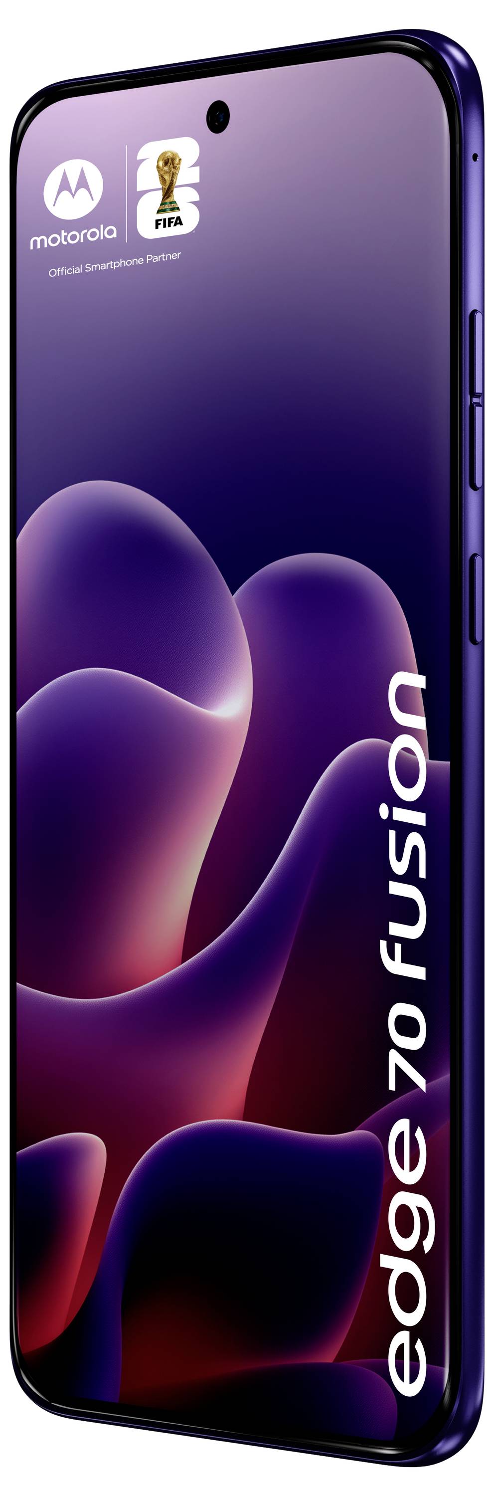 Das Bild zeigt ein Motorola-Smartphone mit der Bezeichnung "edge 70 fusion" mit einem geschwungenen violetten abstrakten Hintergrundbild auf dem Bildschirm.