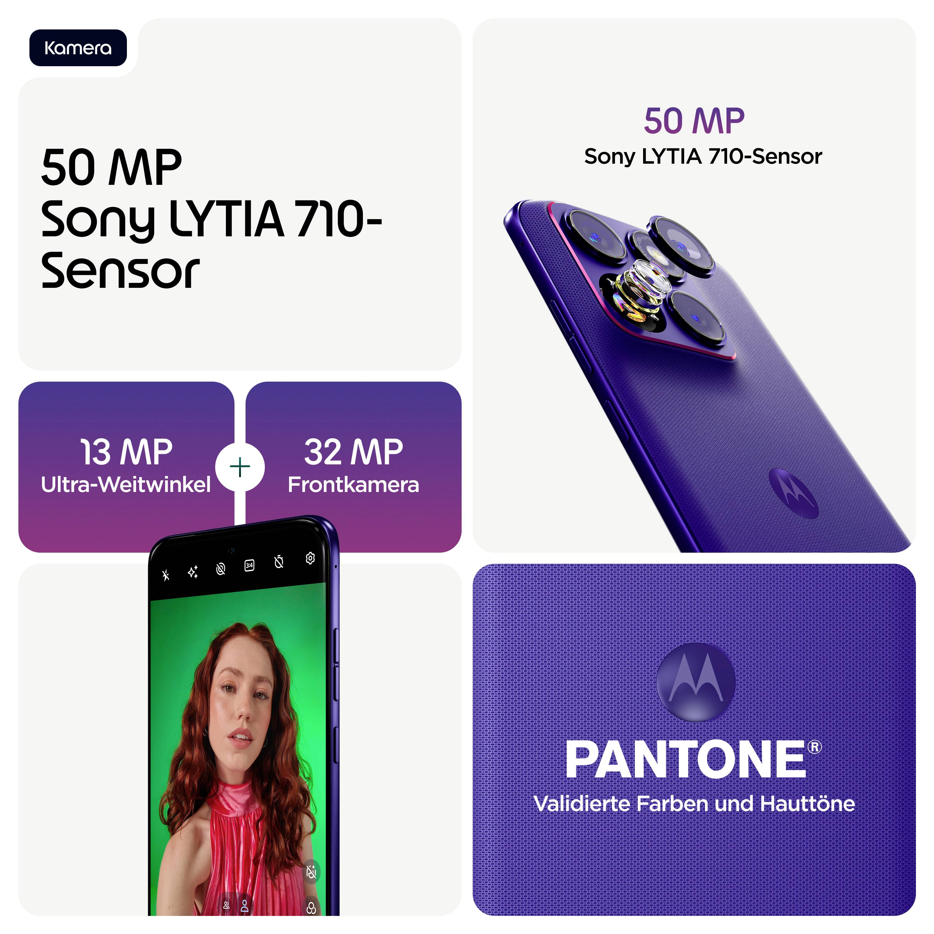 '50 MP Sony LYTIA 710-Sensor' Handykamera-Details mit '13 MP Ultra-Weitwinkel' und '32 MP Frontkamera', mit Pantone-Validierung.