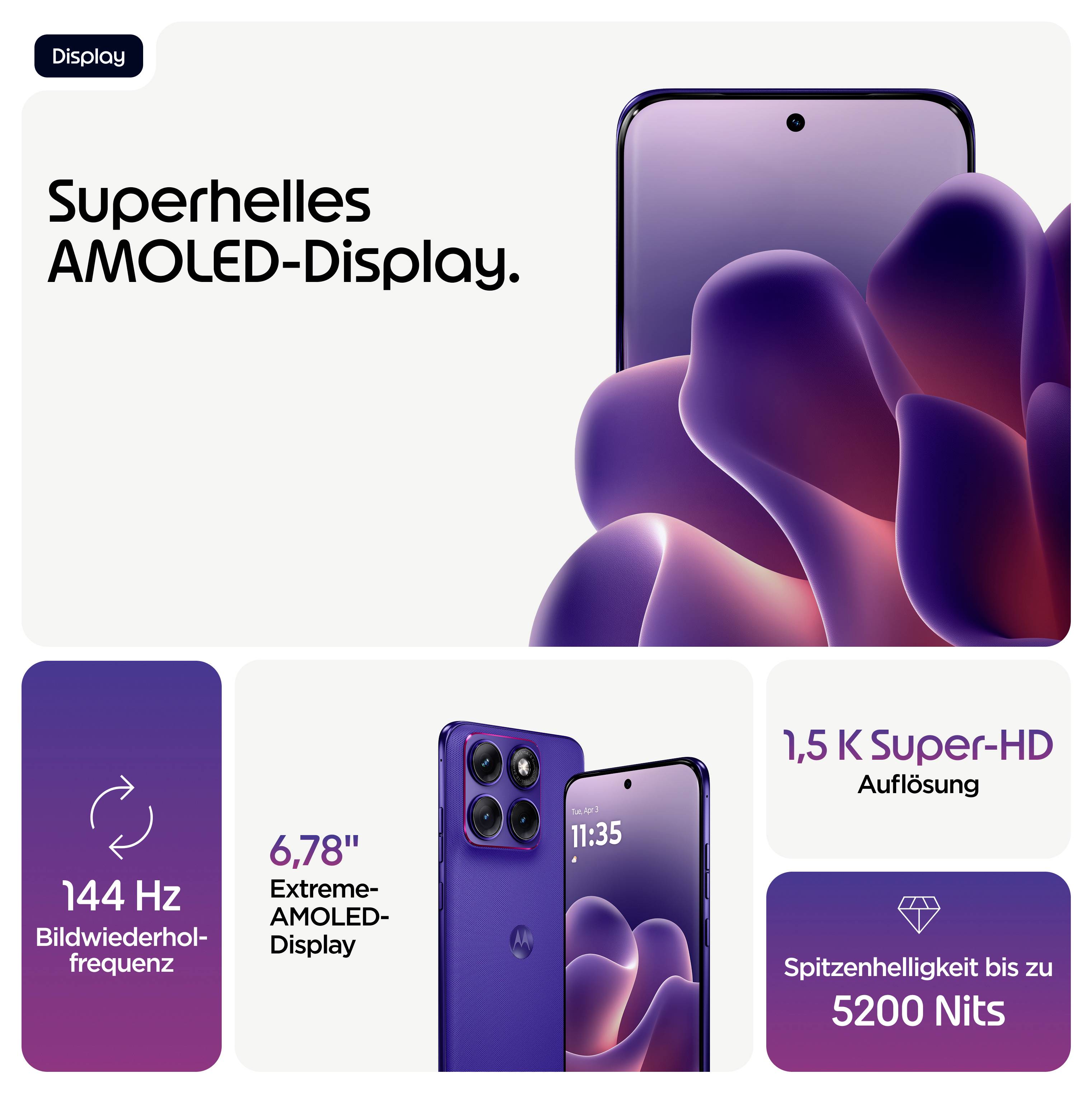 Telefon-Werbung mit hellem AMOLED-Display, 144 Hz Aktualisierungsrate, 6,78" Größe, 1.5K Super-HD-Auflösung und 5200 Nits Helligkeit.