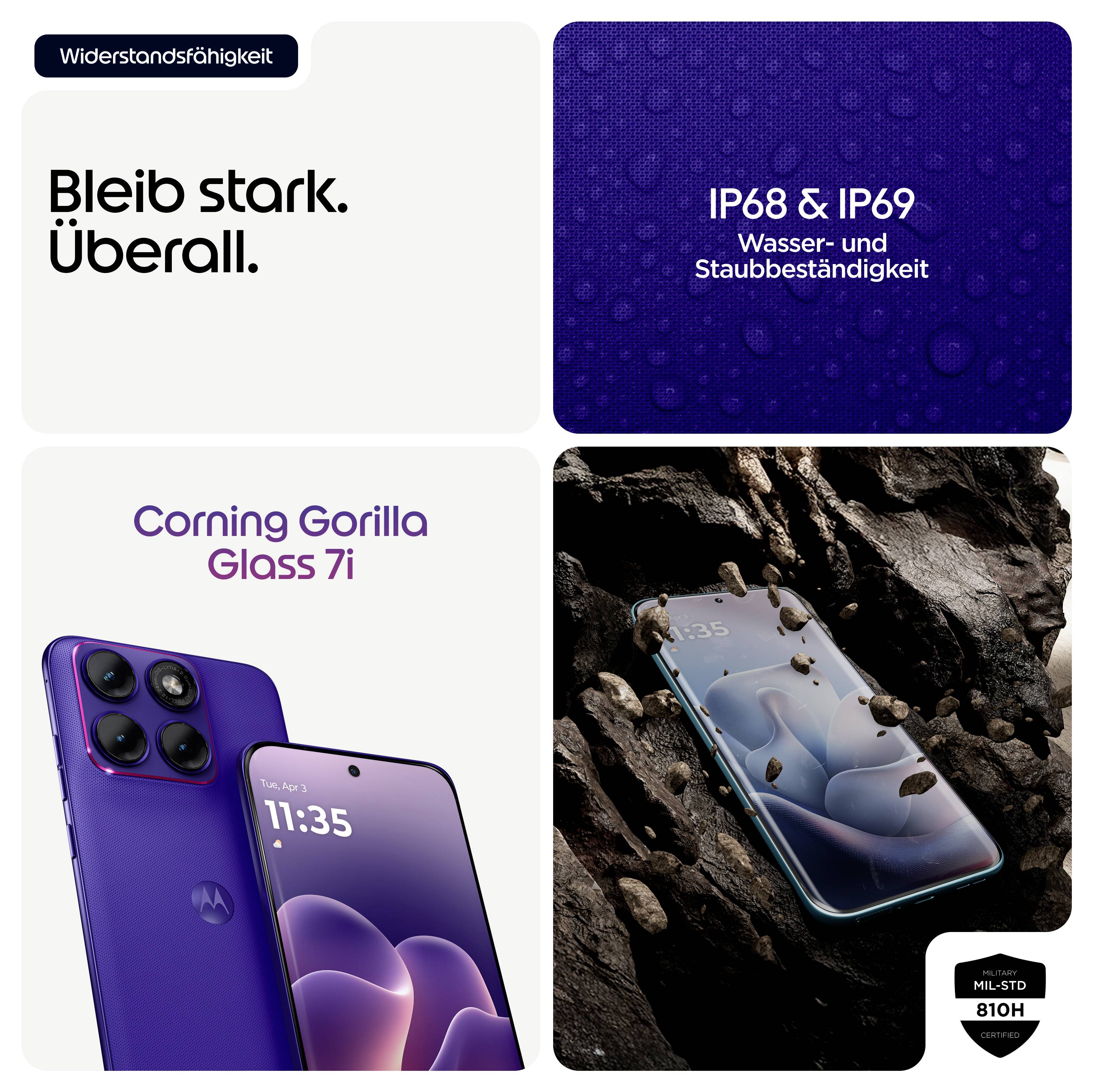 „Bleib stark. Überall." und „IP68 & IP69 Wasser- und Staubbeständigkeit" fördern ein robustes Motorola-Telefon mit Corning Gorilla Glass 7i.