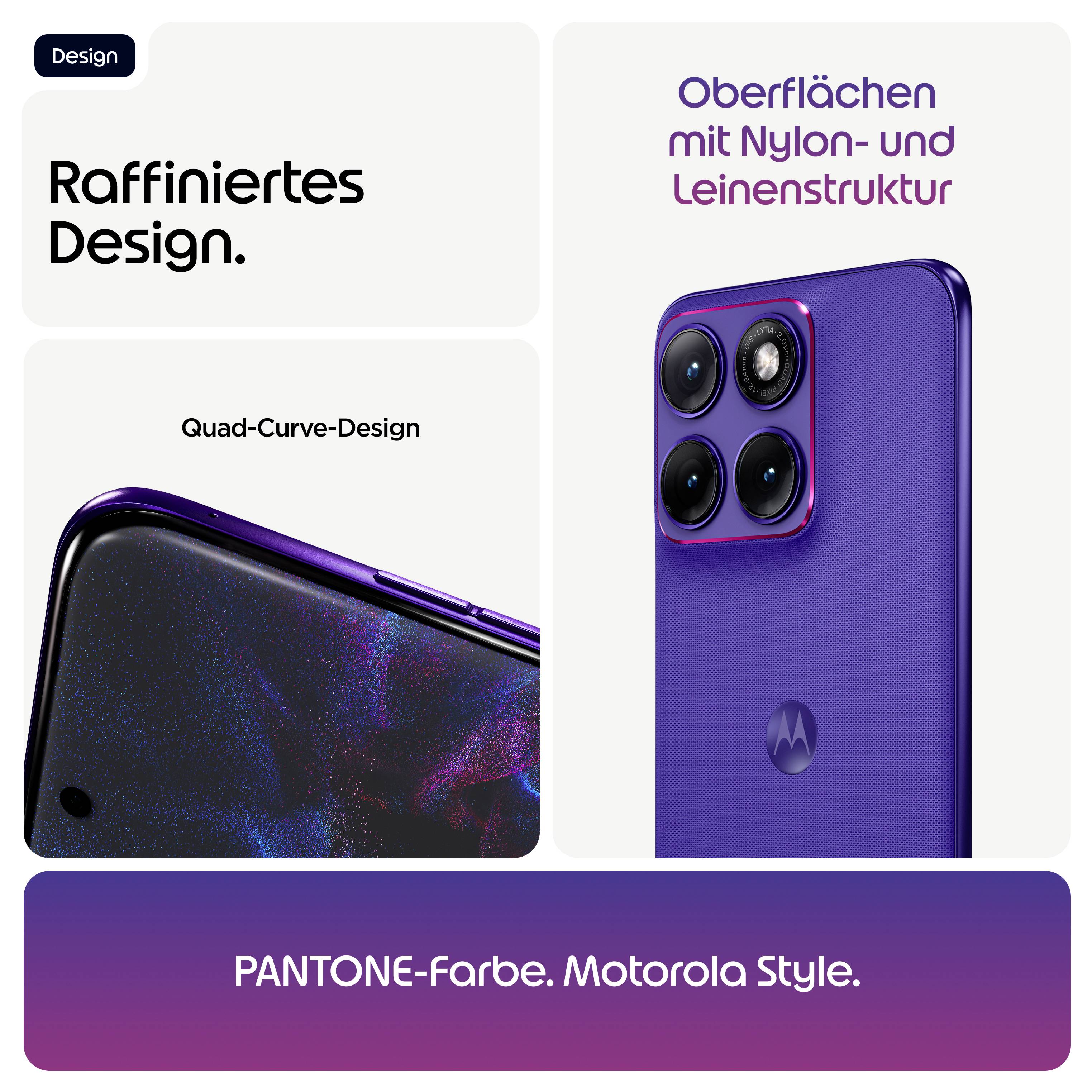 „Raffiniertes Design." Gekrümmtes Telefon mit strukturierter violetter Oberfläche, das Stil mit Pantone-Farbe und vier Kameras betont.