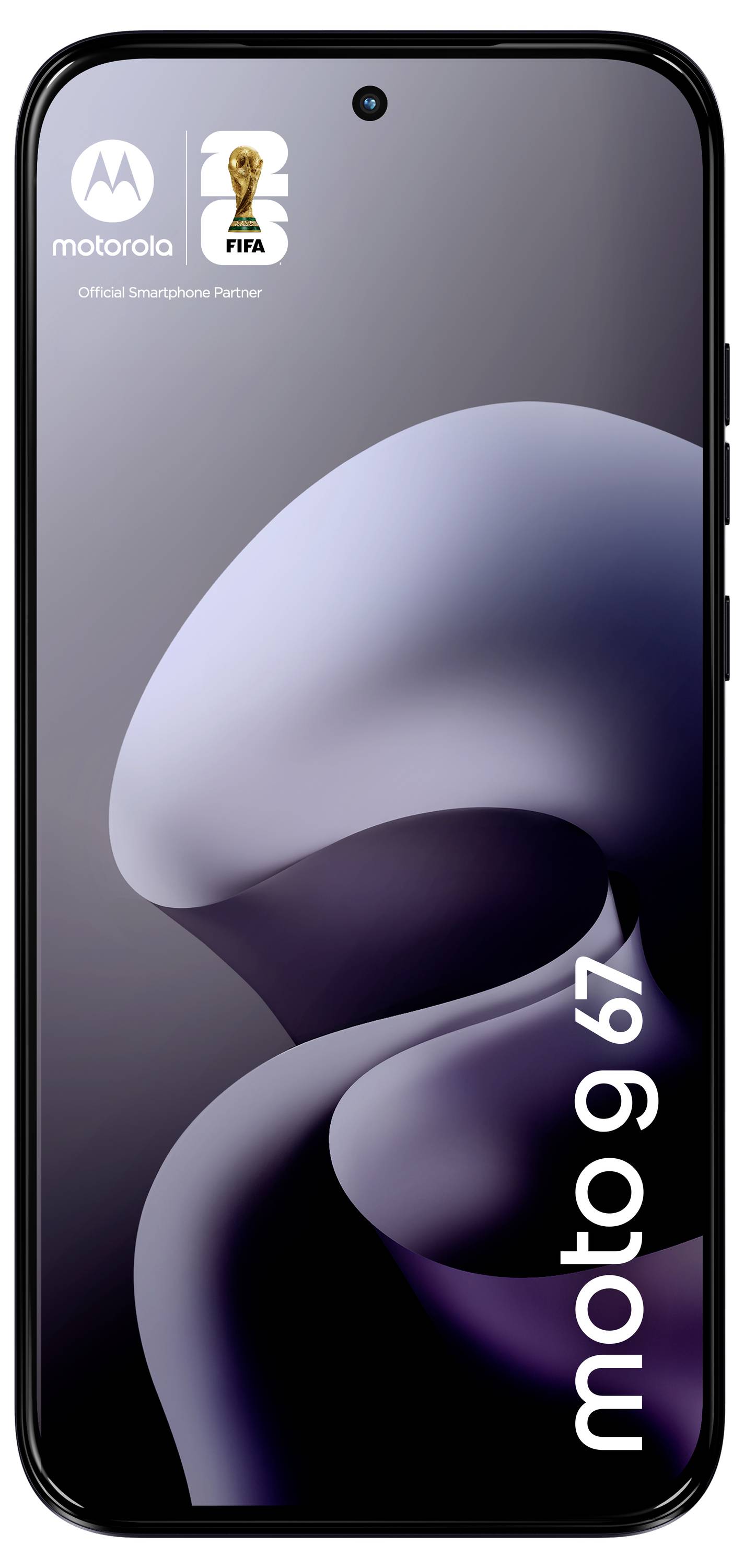Smartphone-Vorderansicht mit Bildschirm und abstraktem Design. „moto g67"-Branding sichtbar. Logos für Motorola und FIFA Official Smartphone oben.