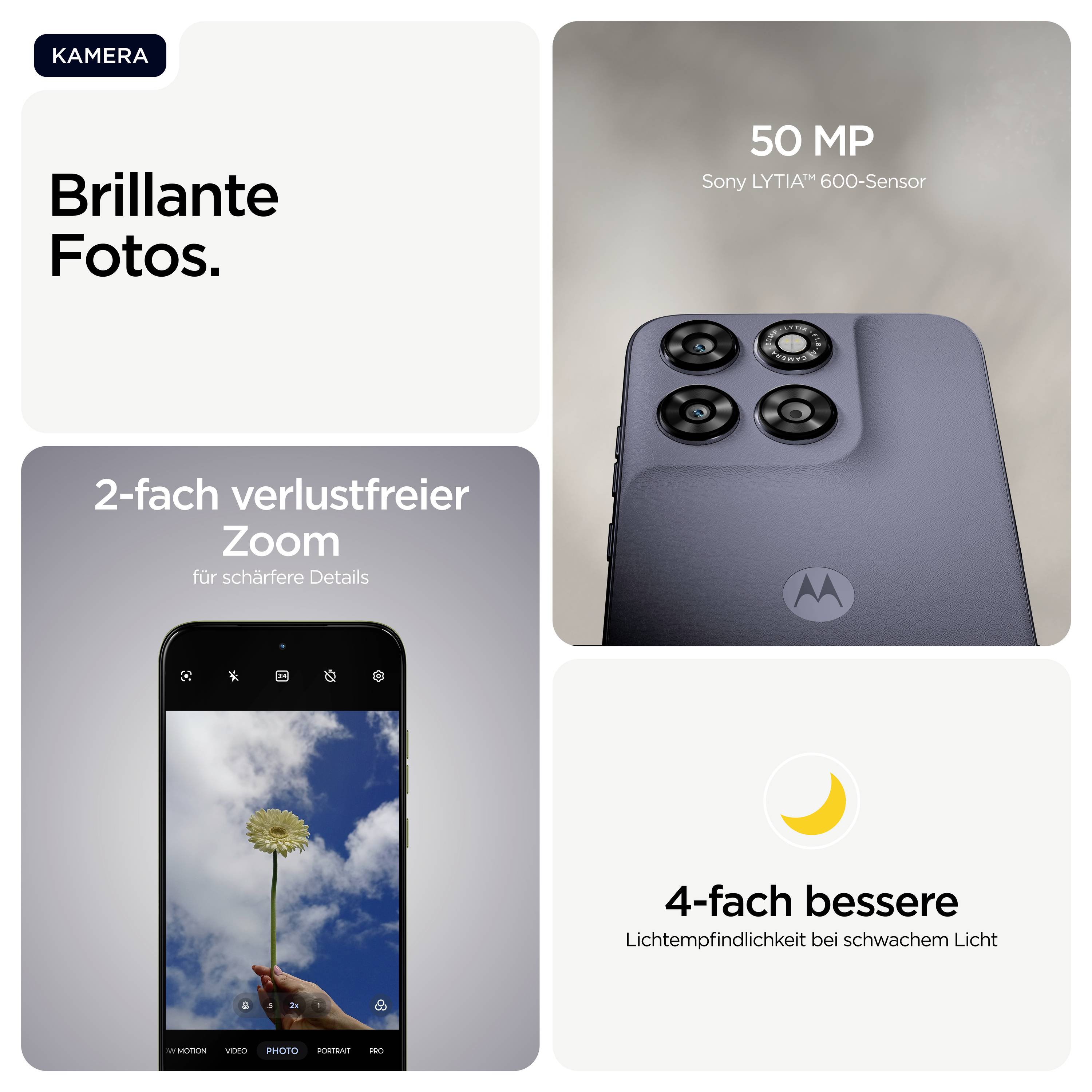 „Brillante Fotos." Smartphone-Kameramodul mit „50-MP-Sony-LYTIA-600-Sensor." Zoomdetailbild und Symbol für Lichtstärke bei schwachem Licht.