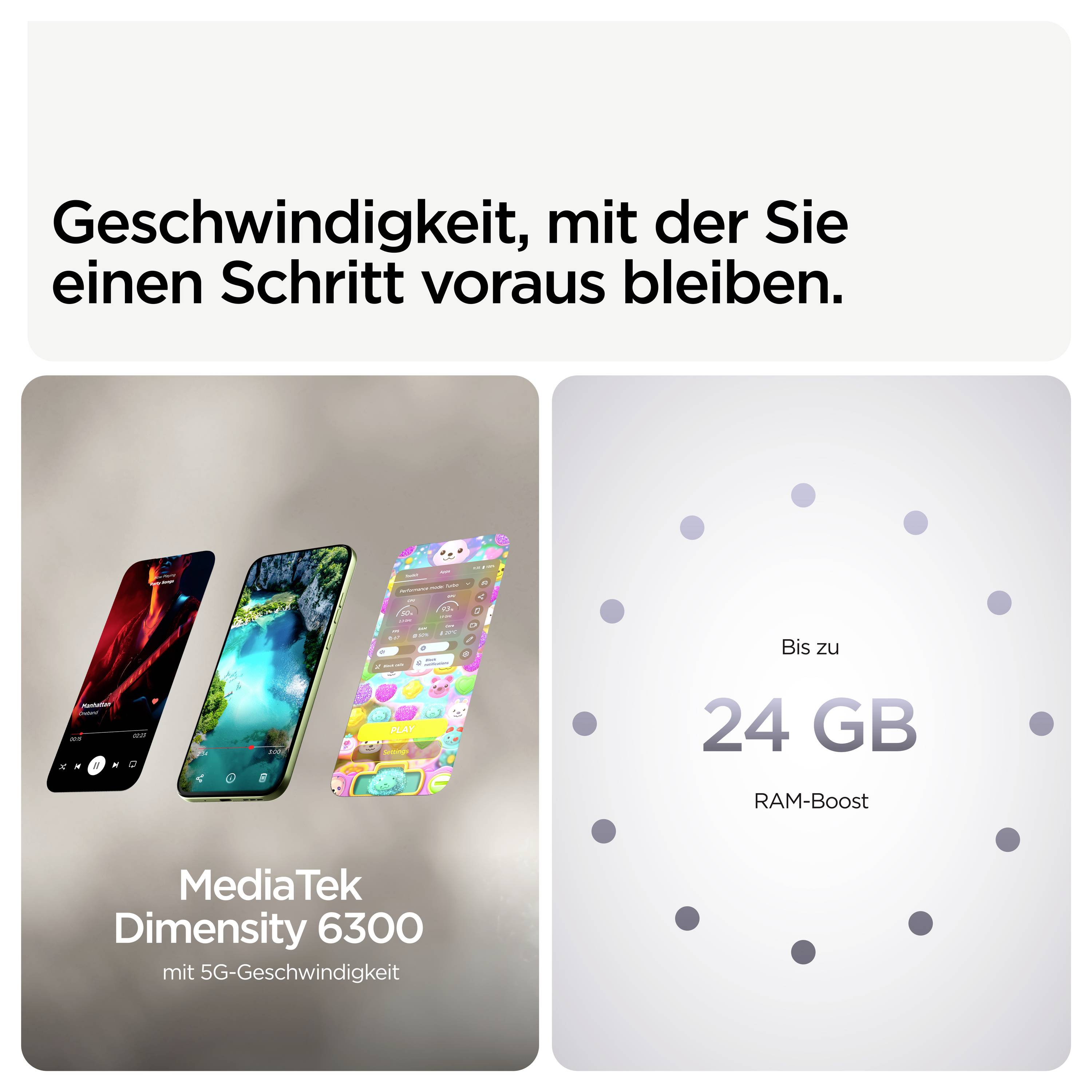 'Geschwindigkeit, mit der Sie einen Schritt voraus bleiben.' Drei Smartphones angezeigt. 'MediaTek Dimensity 6300' und 'Bis zu 24 GB RAM-Boost.'