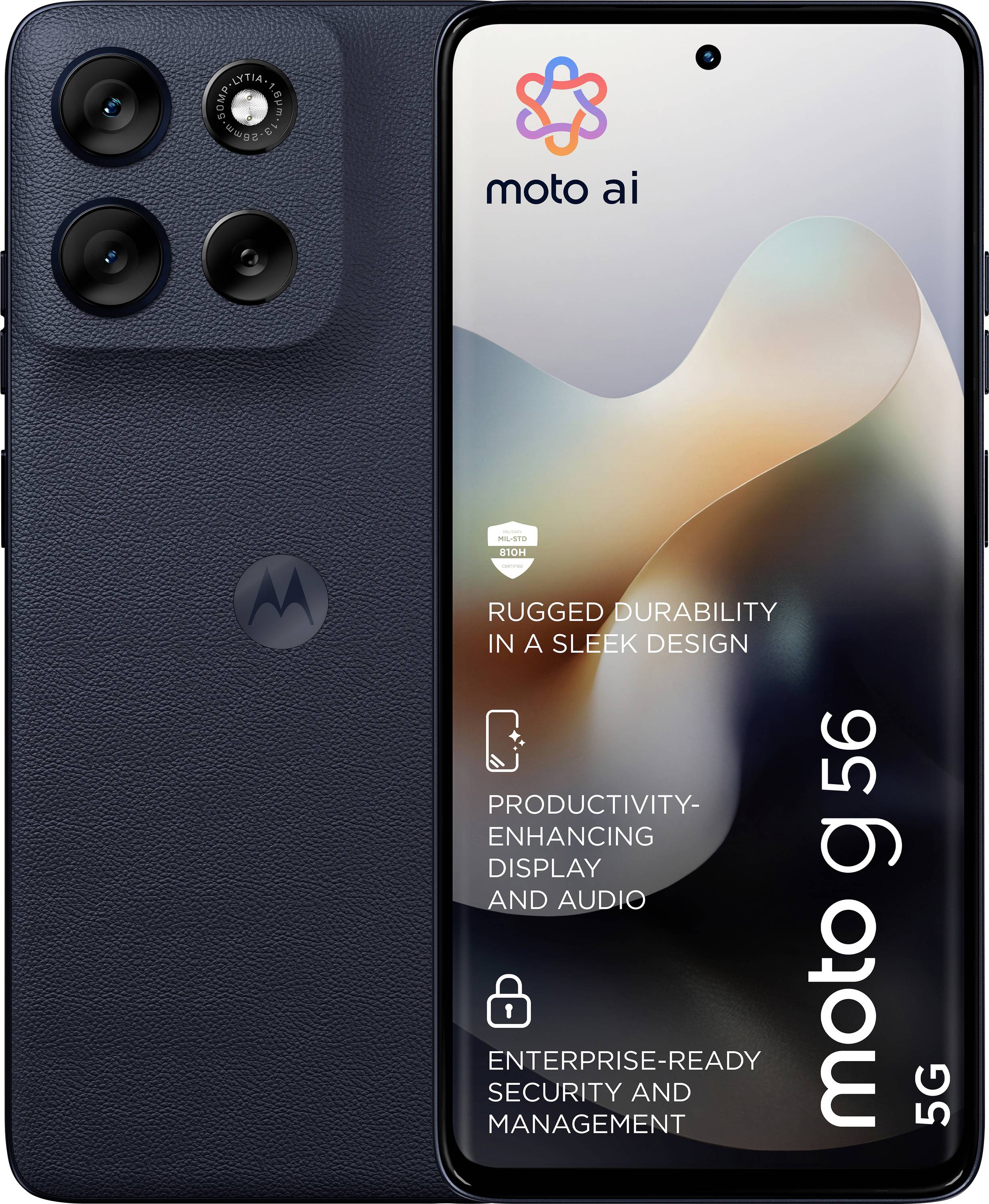 Smartphone mit „moto ai" mit elegantem Design. Highlights sind robuste Langlebigkeit, Produktivitätsdisplay und Unternehmenssicherheit.