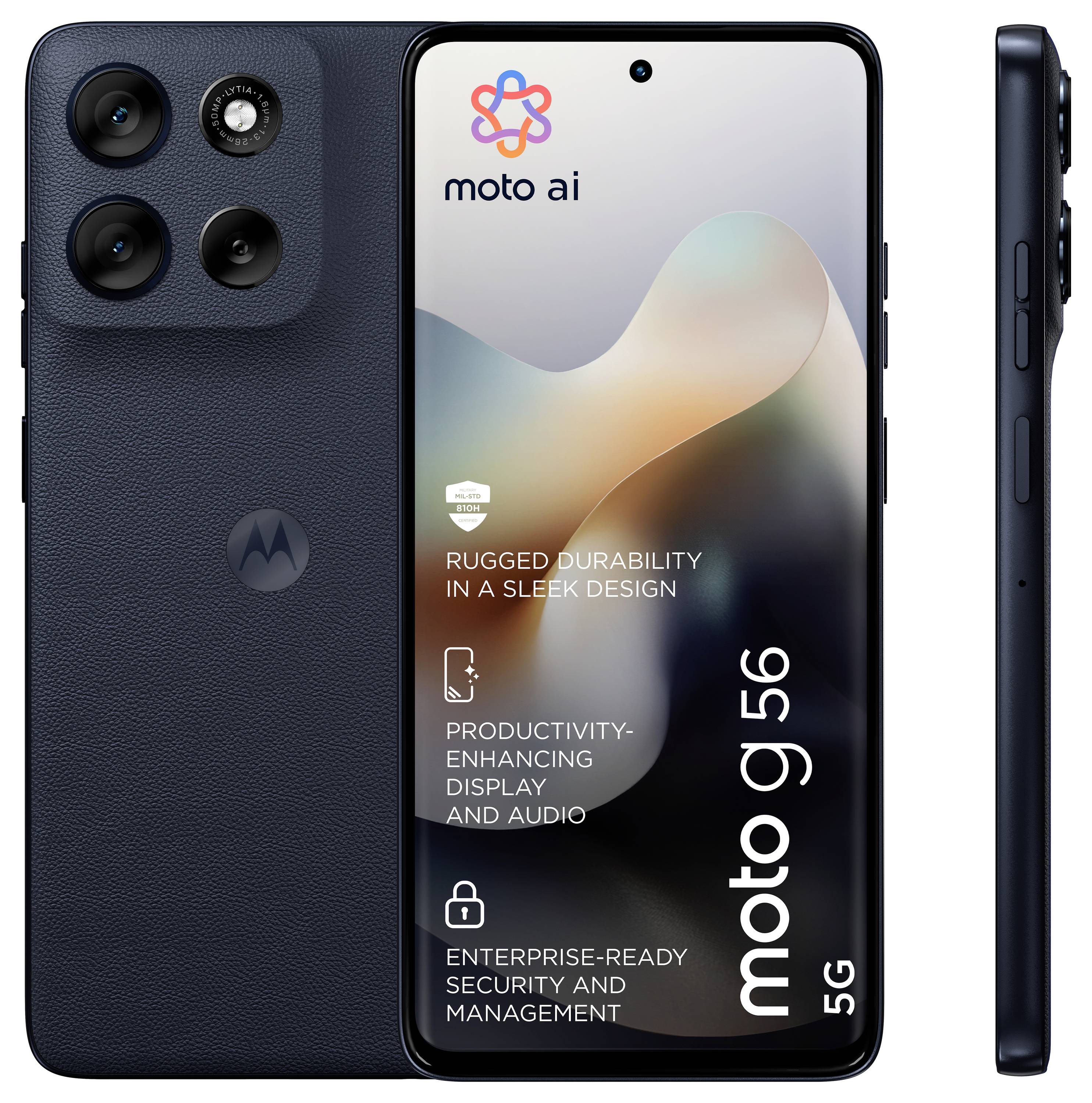 Smartphone mit „robuster Haltbarkeit", „produktivitätssteigerndes Display und Audio", „unternehmensgerechte Sicherheit". Branding „moto g56 5G".