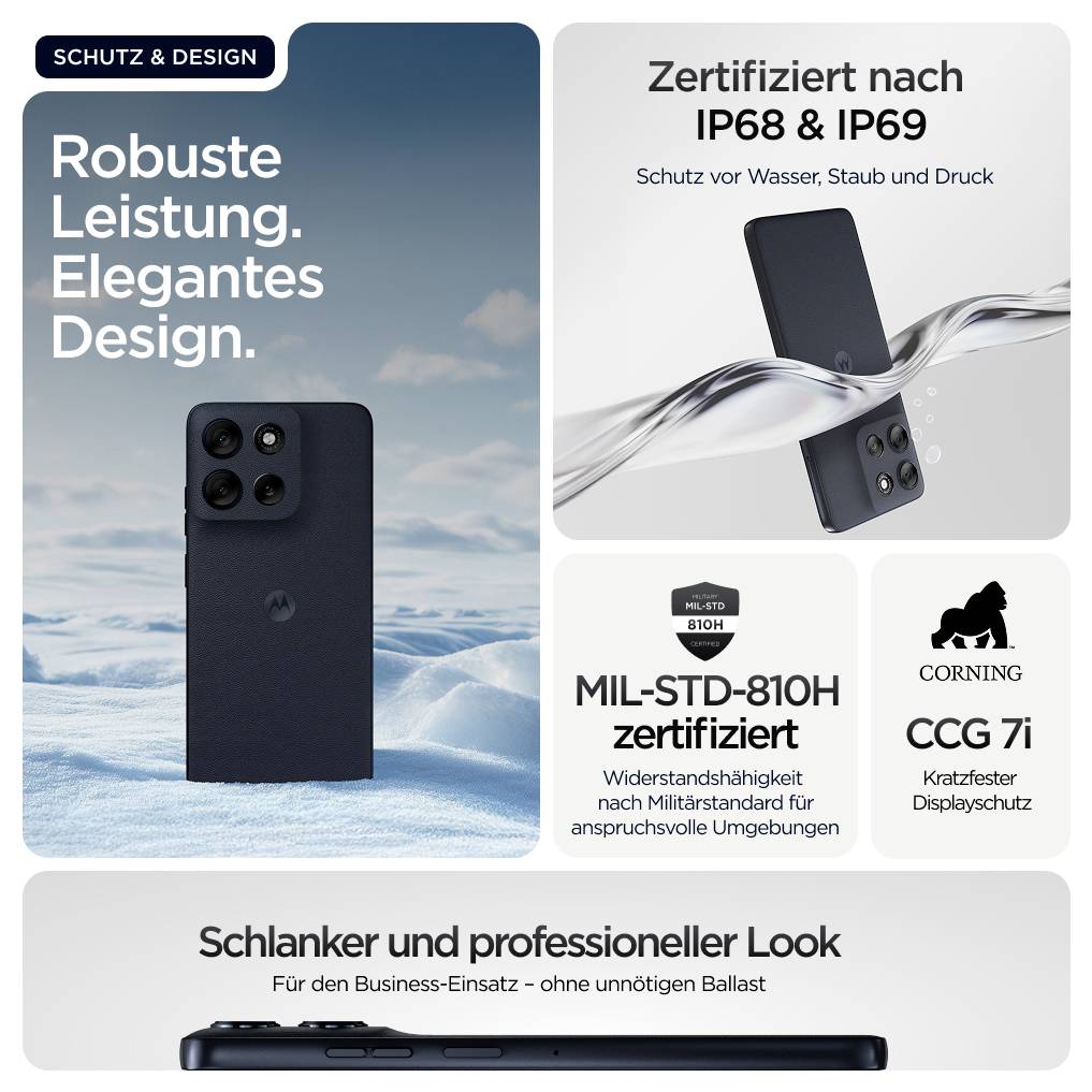 Der Bereich "Schutz & Design" bewirbt die robuste Leistung und das elegante Design eines Smartphones. Zu den Funktionen gehören IP68 & IP69-Schutz, MIL-STD-810H-Zertifizierung und Corning CCG 7i-Glas.