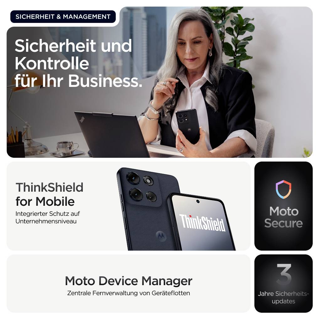 Eine Person im Büro nutzt ein Smartphone und einen Laptop. Der Text hebt "Sicherheit und Kontrolle für Ihr Business" hervor und stellt ThinkShield und Moto Secure vor.