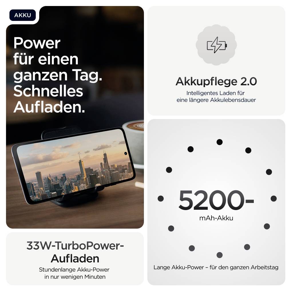 Das Bild zeigt ein Telefon auf drahtlosem Laden und bewirbt „Power für einen ganzen Tag. Schnelladesystem." Die Highlights sind „33W TurboPower" und „5200-mAh-Akku" für erweiterte Akkulaufzeit.